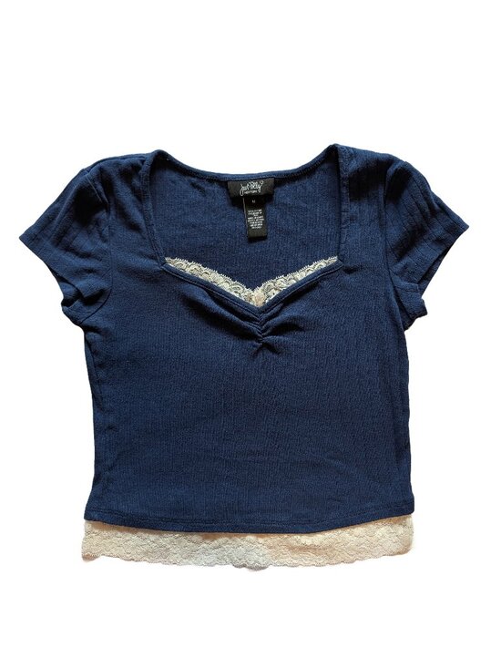 just polly Tops - Just Polly Navy y2k blue lace trim sweetheart neckline crop top size medium VGUC